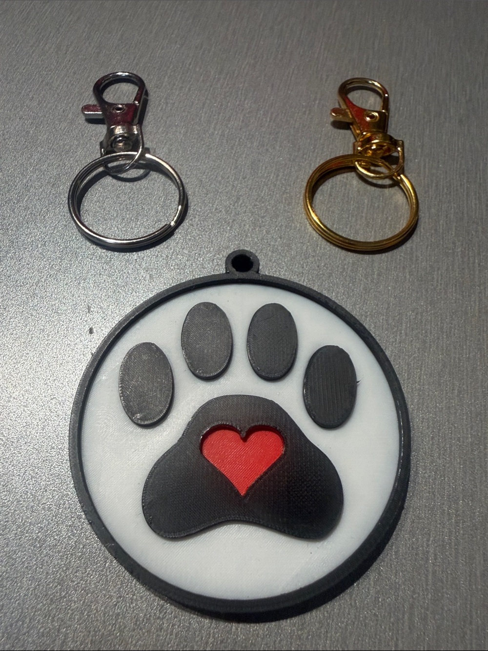 3D Printed Black & White Paw Heart Key/ID Tag with Red Accent